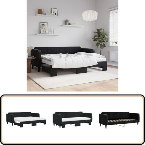 Tagesbett Ausziehbar mit Matratzen Schwarz 80x200 cm Samt - Sofa Bett - Schlafcouch - Gästebett - Ausziehbares Bett - Tagesbett