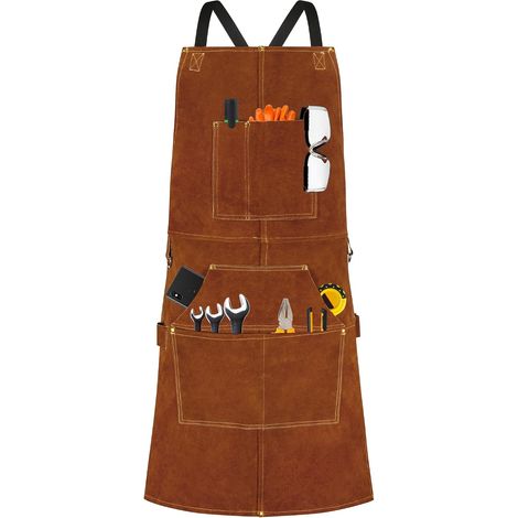 1 - Tablier De Soudure - Cuir Professionnel - Protection Anti-flamme Avec 6 Poches - Pour Soudeur Et Forgeron - Marron - Taille Unique (1/5)