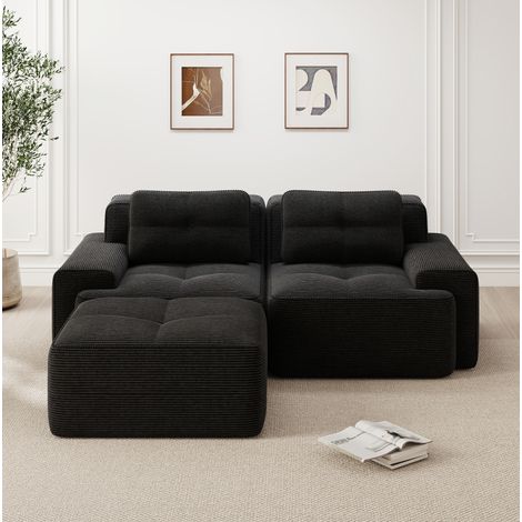 Divano modulare con ottomana seduta profonda 74 cm nero in velluto a coste senza montaggio (1/5)