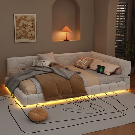 Canapé Lit 140x200cm - Tissu Vliesimitat - LED 16 Couleurs - Ports USB et Type-C - Structure MDF - Capacité 220kg - Blanc (1/5)