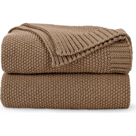 Plaid marron caramel, doux et confortable, en maille torsadée, pour lit, canapé et salon, 127 x 152 cm, marron clair (1/3)