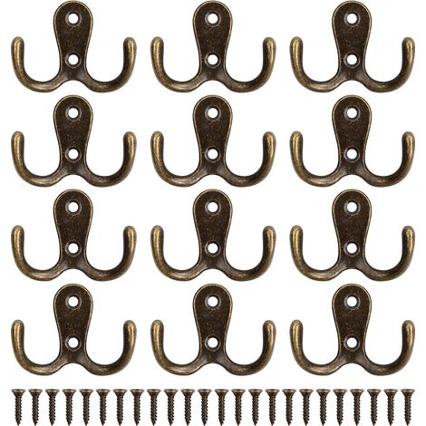 Lot de 12 crochets en métal robuste avec 24 vis pour porte et mur – Crochets doubles vintage pour suspendre peignoir, serviette, chapeau, sac – Crochets muraux pour chambre à coucher, salle de bain (1/5)
