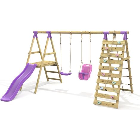 Rebo Double Swing Set with Climbing Wall and Slide - Moonstone Purple (1/5)