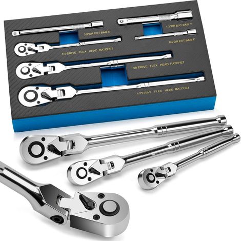 Coffret clés à cliquet tête articulée lot de 6 pièces en acier chromé, 3 cliquets flexibles et 3 rallonges pour mécanique automobile (1/5)