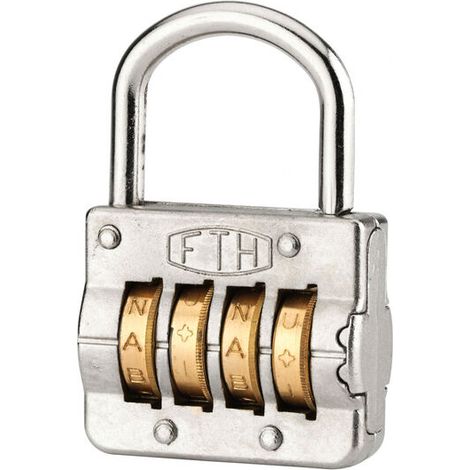 Cadenas à combinaison 4 lettres 43mm – Corps en alliage moulé – Anse en alliage nickelé – Mécanisme sécurisé 10 000 combinaisons (1/5)