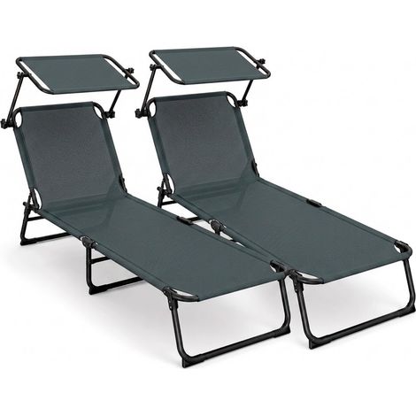 Due Lettini Spiaggia Pieghevoli Con Parasole Regolabile Schienale Reclinabile Struttura In Metallo Nero Sdraio Mare Giardino Piscina 187 x 53 x 24 Cm Grigio Scuro