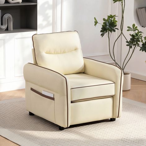 Moderner Lounge-Sessel mit dicker Polsterung, Seitentasche und Kunstlederbezug, Beige
