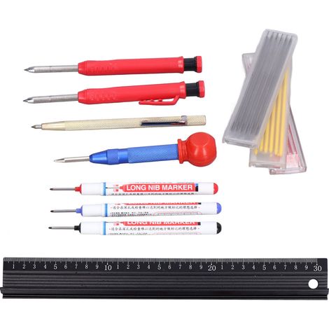 Kit d'outils de positionnement de trous pour le travail du bois : poinçon central, stylo à tracer, recharge, outil de marquage et de positionnement. (1/5)