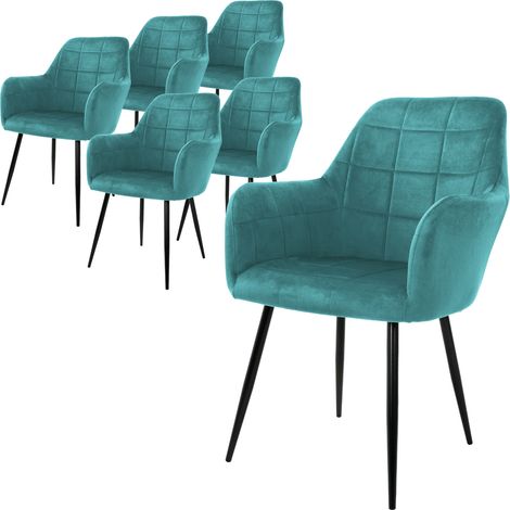 ECD-Germany Set 6x Sillas de Comedor con Respaldo y Reposabrazos Asiento Turquesa Tapizado con Funda de Terciopelo Patas de Metal Sillón Diseño Ergonómico Moderno para Salón, Escritorio o Cocina (1/5)