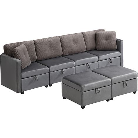 Canapé modulable U 6 places avec rangement, convertible en L ou lit d’appoint, en tissu velouté et tissu côtelé contrasté, pour salon moderne CHICFURN (1/5)