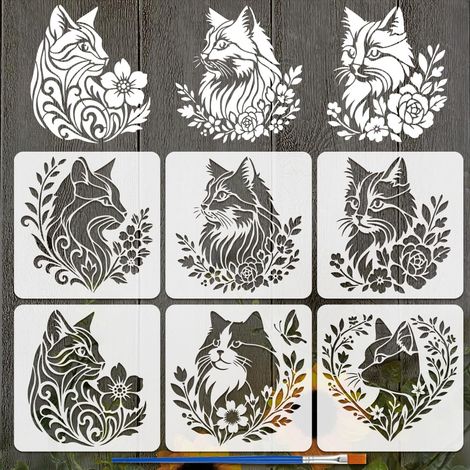 6Pcs Pochoir Réutilisable en Plastique PET pour Peinture Avec Pinceau Motif Chats et Plantes Motifs Fleurs et Feuilles Réutilisable Motif Animalier Creux Idéal pour Le Bricolage 30x30Cm (1/5)