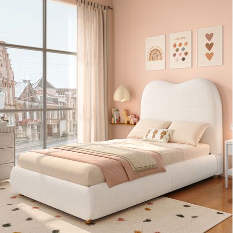 letto contenitore bambini con testiera bouclé beige HAVRYA (1/5)