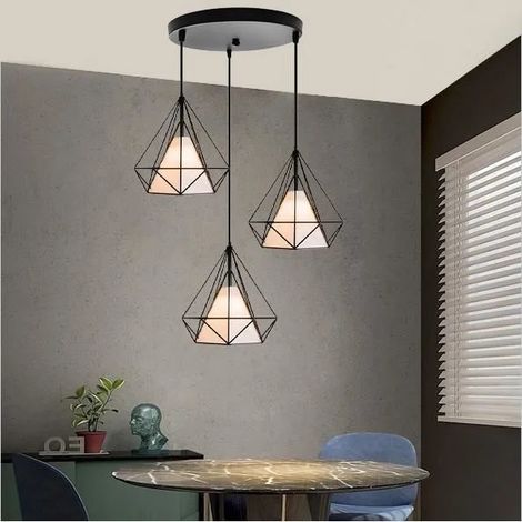 Lampe Suspension Rétro Industrielle en Métal Lustre Lumianire en Cage Diamant avec Abat-jour pour Salon Chambre (1/4)