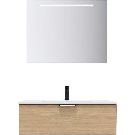 Meuble de salle de bain suspendu vasque intégrée 90cm 1 tiroir Chêne clair + miroir - Soho (1/5)