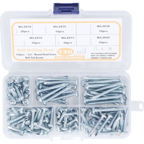 130 Vis autoforeuses M4.2 Tête Ronde Fendue Cruciforme Acier Carbone Zingué Lot de Vis à Tôle (1/5)