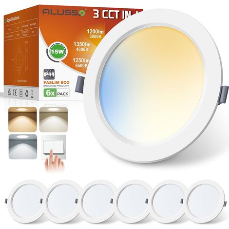 Spots LED Encastrable 15W IP44 175mm, Couleur Variable Blanc Froid 6500K/ Blanc Chaud 3000K/ Blanc Neutre 4000K, Plafond Encastré Étanche Extra Plat 26.5mm 230V 1350LM Trou 145-165mm, Lot de 6