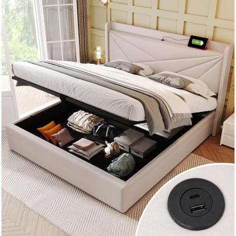 Bett Doppelbett Stauraum 180x200 mit USB Leinen OKMYHOME (1/5)