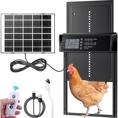 Trappes Solaire pour Poulailler, Porte Automatique Solaire, Affichage LED, Capteur de Lumière, Télécommande, Commande de Minuterie (1/5)