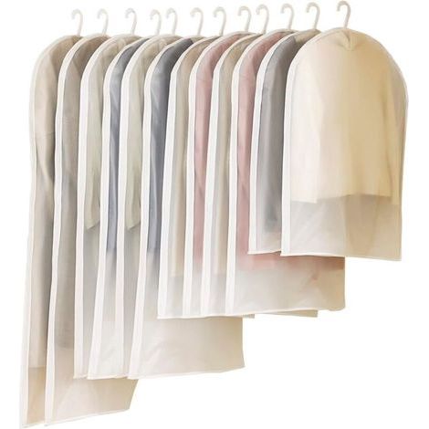 12 PCS Housses de Vêtements avce Zip, Anti Poussière Etanche Mite Humidité, Sac de Vêtement Transparentes Pliable pour Chemise, Costumes, Manteaux (Blanc) (1/5)