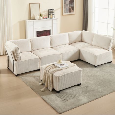 Modulares Sofa 308x154x81.99 cm beige Cord mit 6 Sitzplätzen und flexibler U-/L-Form (1/5)