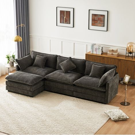 DESVIAE Canapé d Angle en Chenille avec Pouf Mobile Canapé Trois Places avec Coussins d Accoudoir et Coussin Lombaire Gris Foncé (1/5)