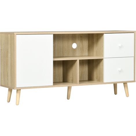 Meuble TV pour télévision jusqu'à 45 pouces pieds en bois massif style scandinave 3 niches 1 placard 120 x 30 x 60 cm (1/5)