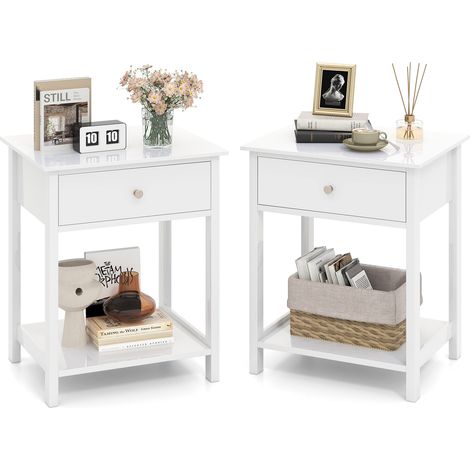 COSTWAY 2 Pcs Nightstand 2-Tier Bedside Sofa Table w/Storage Shelf-White (1/5)