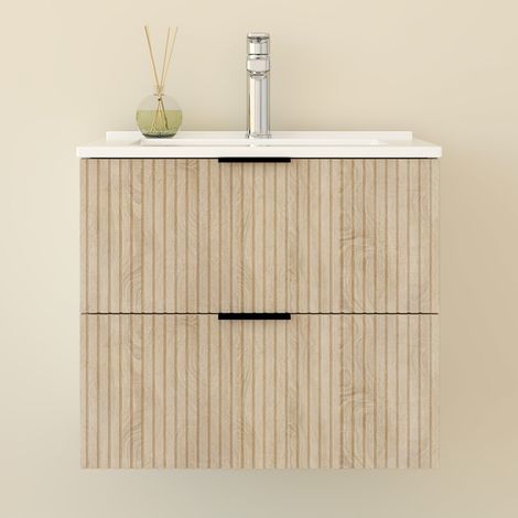 Biubiubath Meuble de Salle de Bain suspendu 60 cm Chêne avec 2 tiroirs, vasque céramique - Meuble de salle de bain mural (1/5)
