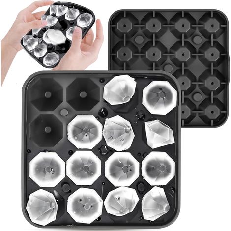 Bandeja para cubitos de hielo, bandeja de silicona para cubitos de hielo, bandeja con 16 cubitos de hielo de diamante con tapa, ideal para bebidas frías, whisky y cócteles, silicona de grado alimentic (1/5)