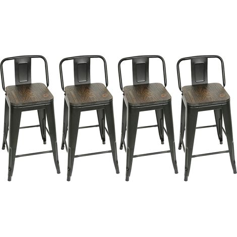 Lot de 4 Chaises de Salle à Manger en Métal, Empilable Tabouret de Bar en métal Design Industriel H 63.5cm, Mat et Assise en Bois foncé (1/5)