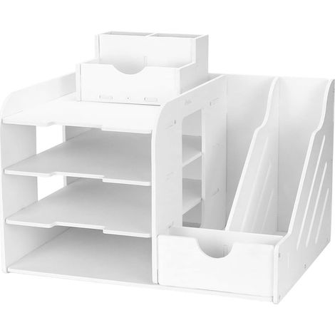 Organizador de escritorio blanco multifuncional, con espacio para documentos A4, bolígrafos, libros y cartas.