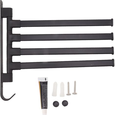 Porte-serviettes pivotant noir, fixation murale sans perçage, 4 bras, étagère d'angle pour salle de bain (1/5)