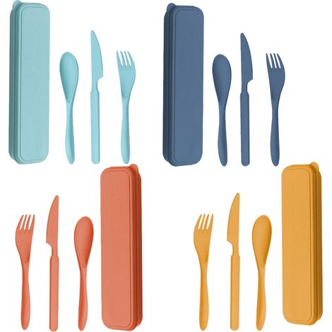 Couverts Réutilisables En Paille De Blé Et PP - Ensemble De Couteau Cuillère Fourchette Avec Étui - Pour Voyage Camping Pique-Nique - 4 Pièces (1/5)