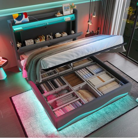 Bett 140x200 cm modern gepolstert in Dunkelgrau mit Stauraum-Kopfteil, LED, USB/Type-C und Gasdruck-Lattenrost (1/5)