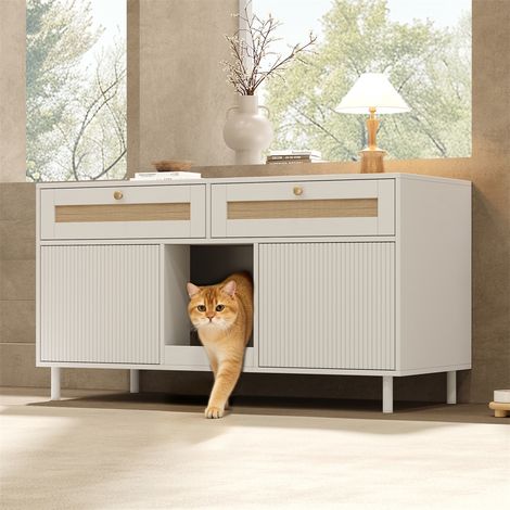 Meuble pour Maison de Toilette Chat - 120x50x65cm - Cache-Litière avec Tiroir en Rotin et Rangement - Sideboard Moderne Blanc (1/5)