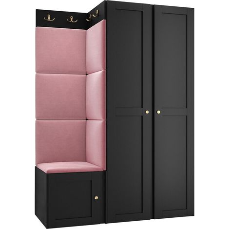 Meuble d'entrée Hartford 379, Noir, 186x116x46cm, MDF, Stratifié, Tissu, Murale, À poser