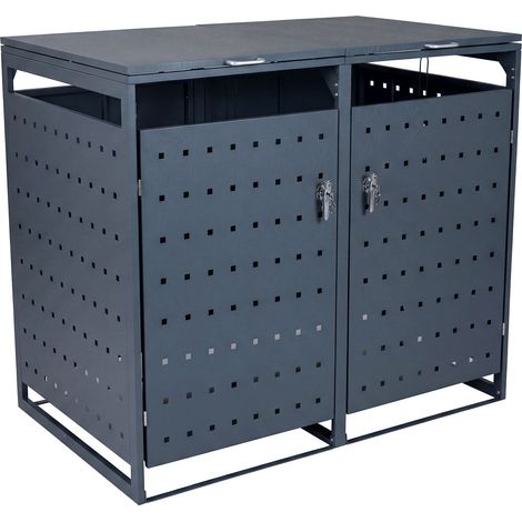 Outdoor Metal Garbage Bin Storage Shed for 2 Trash Cans Double Trash Can Enclosure-Gray (1/5)