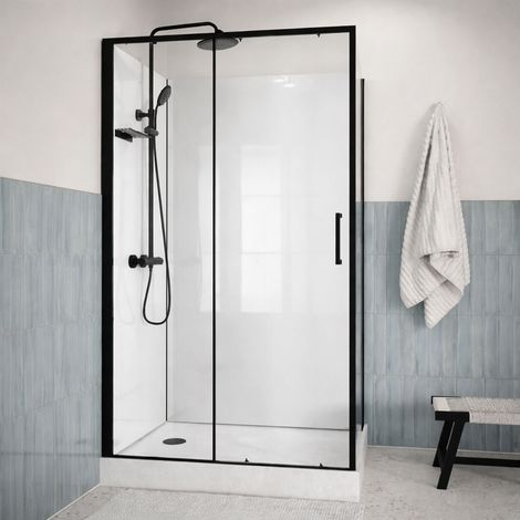 Cabina doccia 115x90 con colonna termostatica nera e piatto alto