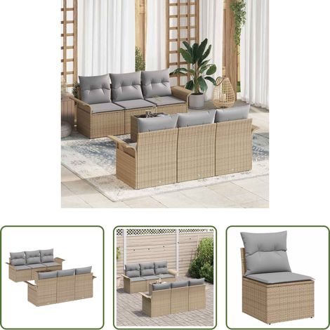 Terrassensofa - Gartensofa-set mit Kissen 7 pcs Beige und Grau Poly-Rattan (1/5)