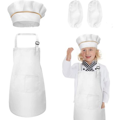 Children's Apron Chef Hat and Sleeves, Adjustable Children's Apron with 2 Pockets, for Painting, Cooking, Baking, Gardening, for Boys Girls 5-12 Years (L, White) (1/5)