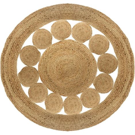 Tapis rond avec pompons, moquette carpette en jute tressé coloris naturel - Diamètre 60 x Hauteur 1 cm