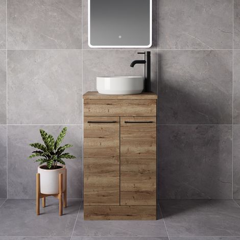 Napoli 390 Tobacco Oak 500mm 2 Door Vanity Unit for Countertop Basins - 500mm - Matt Black 160mm Handle