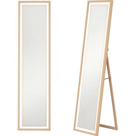 Grande specchio a figura intera, rettangolare, da parete o da appoggio, 40 x 160 cm con illuminazione LED tricolore, rovere