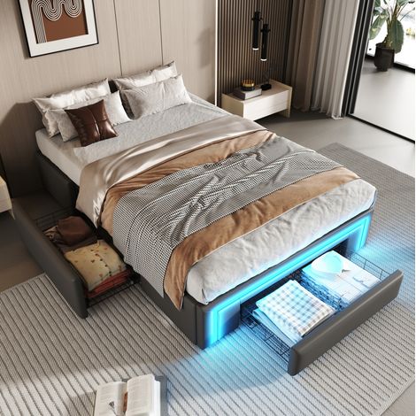 Bett mit Stauraum PU-Leder Grau 90x200 cm, ohne Kopfteil, mit LED-Lichtleiste und Metalllattenrost (1/5)
