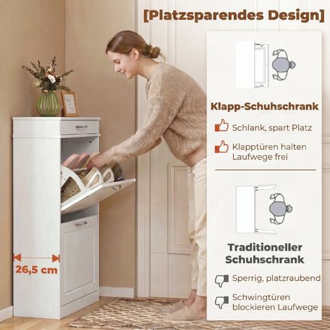 Meuble à chaussures étroit deux trappes avec tiroir et cloisons ajustables pour 8 paires de chaussures (1/4)
