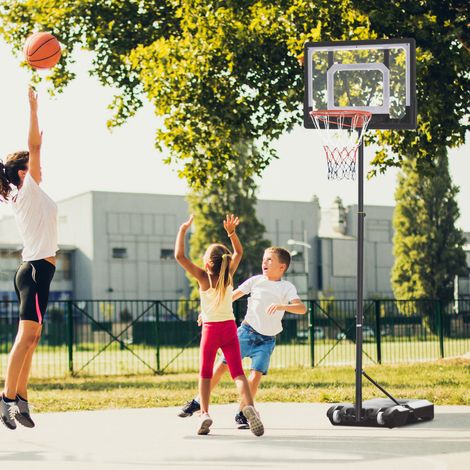 Canestro Basket Altezza Regolabile 160-210cm, Struttura in Acciaio e Base con Ruote, Tabellone in PE Trasparente (1/5)