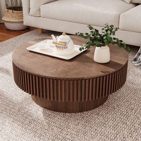 Table basse ronde avec rangement — Table d'appoint moderne en placage de bois massif, idéale pour salon, chambre, appartement ou bureau — Finition Noyer (1/5)