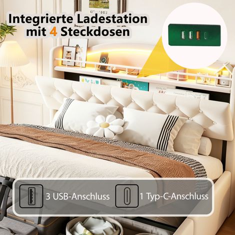 Lit coffre hydraulique 140x200 cm, tissu velours beige, tête de lit lumineuse LED avec ports USB et USB-C, rangement intégré dans la tête, sommier métallique renforcé. (1/5)
