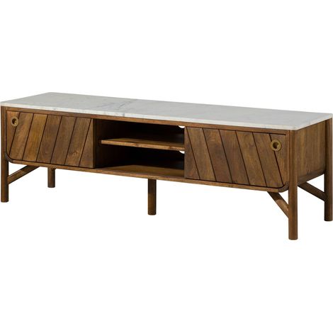 Meuble TV Manguier 160x45x50 marron huilé / marbre véritable LOS ANGELES 01 (1/4)