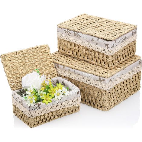 Panier Rangement Osier à Couvercle avec Motif Floral, Paniers de Décoration Tissé à la Main, Panier Osier Rectangulaire Peu Encombrant, Paniers et Boîtes de Rangement pour Chambre, salle de bain (1/5)